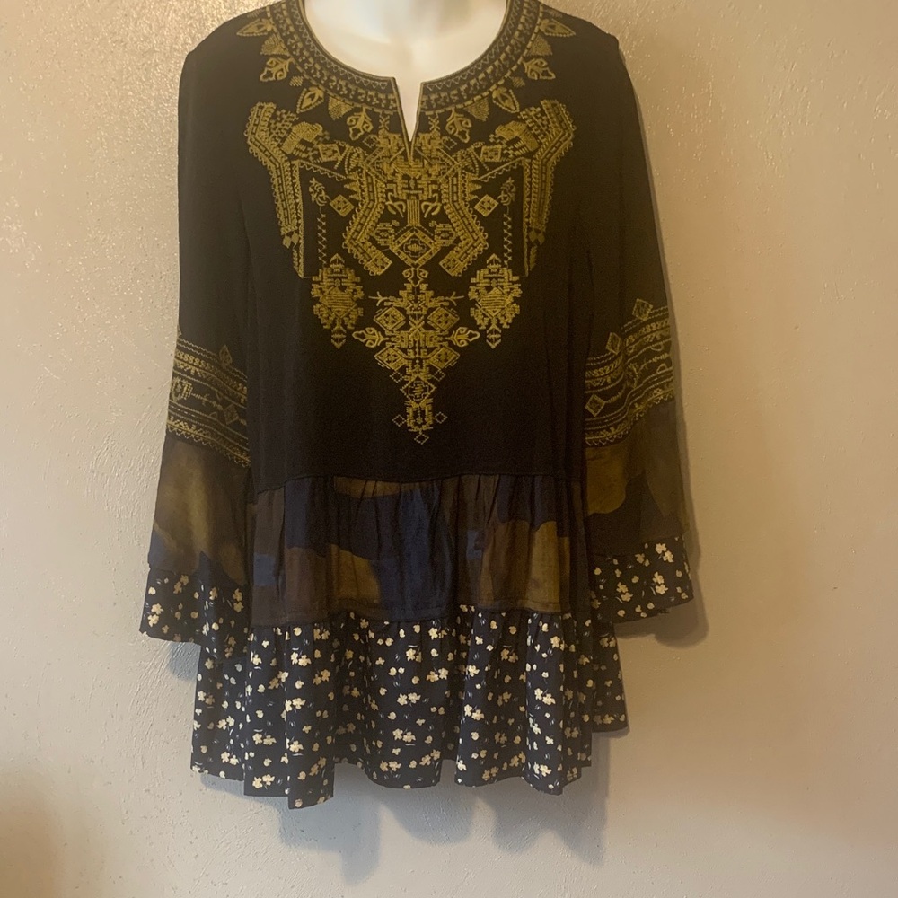 Calessa S Black Gold Navy Brown Embroidered Ruffled Multi-pattern Tunic - Picture 1 of 8